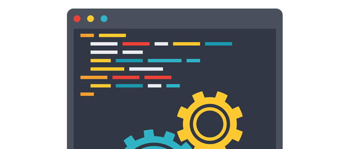 A computer screen displaying lines of code alongside intricate gears